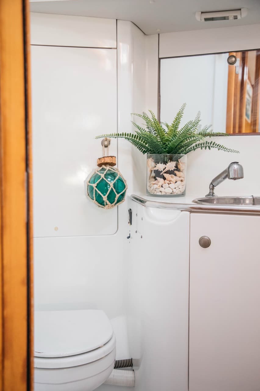 Baño de un velero con lavabo, espejo y una planta decorativa